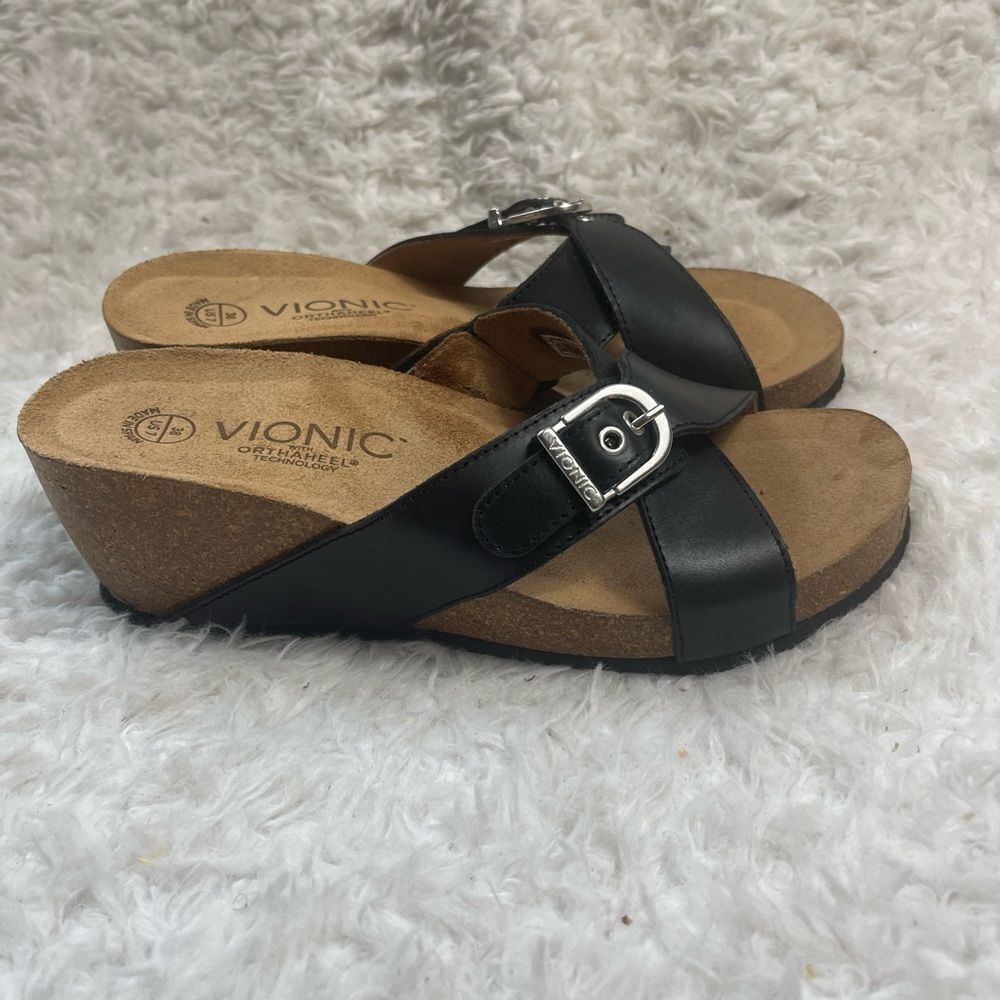 Vionic Black Leather Cork Wedge Sandals with Buckle Detail